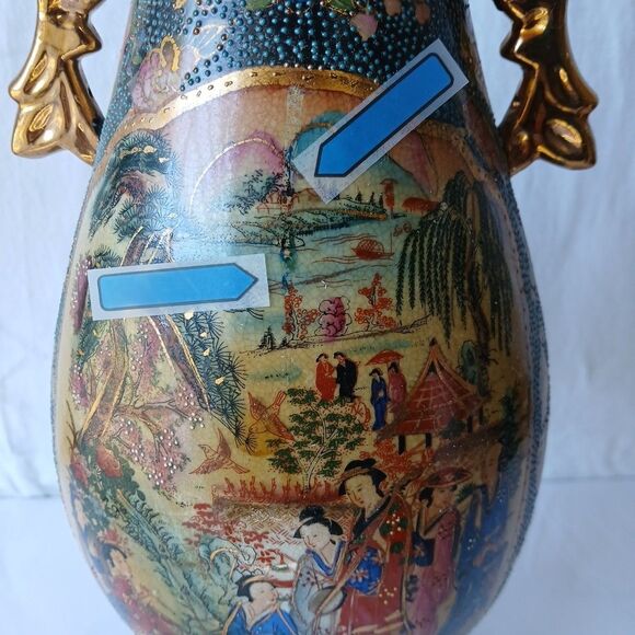 Satsuma Style Large Asian Morriage Porcelain Gold Handle W/ Stand 18" - Picture 7 of 13